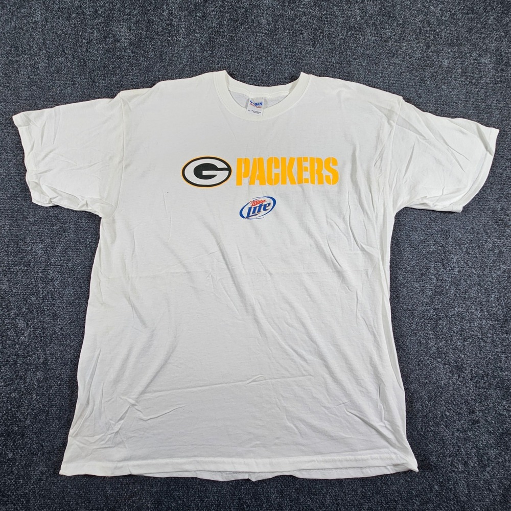 Gildan Green Bay Packers T-Shirt Mens XL White Miller Lite Logo Graphic Tee